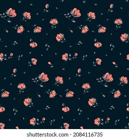 Seamless pattern with pink flowers, dark leaves on a dark blue background. Cute floral print in a romantic vintage style. Abstract composition of small flowers and leaves.  Vector.