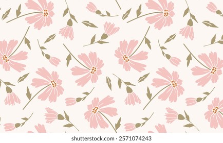 Seamless pattern with pink flowers. Delicate floral print. Romantic colored background for fabric and wallpaper. Natural Spring Flower Gift Wrapping Paper