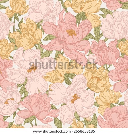 Seamless pattern with pink flowers. Detailed peonies background. Full-coverage floral background. Colorful