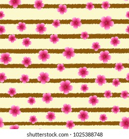 Seamless pattern with pink flowers and diagonal lines. Vector.