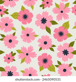 Seamless pattern with pink flowers of different shapes. Vector graphics.