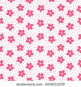 Seamless pattern with pink flowers and dots