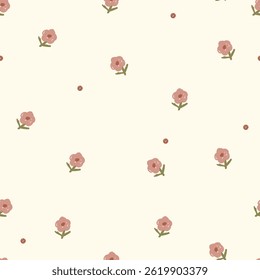 Seamless pattern with pink flowers and dots. Hand drawn small flowers and dots , cute floral pattern.