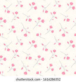 Seamless pattern with pink flowers. Dotted beige background with stylized blossom branches. Endless floral texture for wallpaper, web page, wrapping paper and etc. Retro style. 
