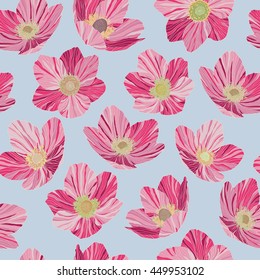 Seamless pattern pink flowers dryas, light blue background, pop art style