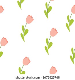 Nahtloses Muster mit rosafarbenen Blumen. Blumenschmuck. Rosa Tulpen und grüne Blätter. Einfach flacher Cartoon-Stil. Dekoration der Osterferien. Für Textilien, Tapeten, Scrapbooking und Wrackpapier