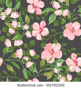 Seamless pattern with pink flowers and flowering branches