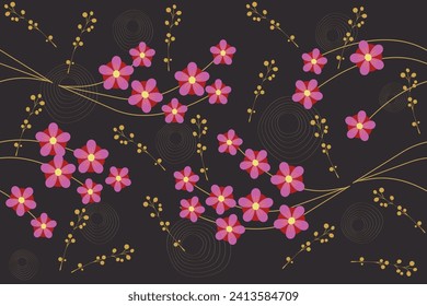 Patrón inmaculado con flores rosas, ramas doradas y líneas circulares sobre un fondo negro. Ilustración vectorial para papel de pared, tela, diseño de envoltura de regalo