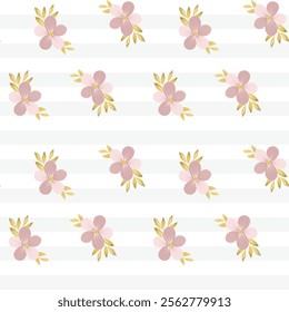 Seamless pattern with pink flowers and golden leaves. Gentle floral backgrounds