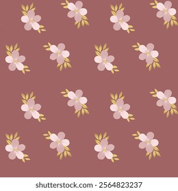 Seamless pattern with pink flowers and golden leaves. Gentle floral backgrounds