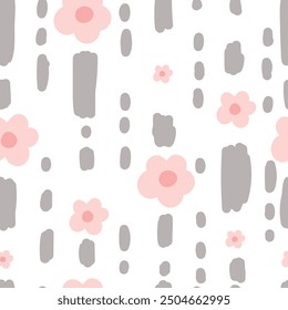 Seamless pattern with pink flowers and gray lines on white background. Cute summer illustration. Vector	