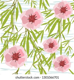 Seamless pattern, pink flowers, green leaves, white background, vector illustration