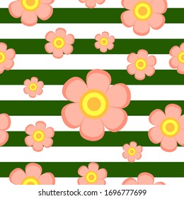 Diseño sin inconvenientes con flores rosas y rayas verdes y blancas. La decoración floral de primavera y verano. Diseño plano. Vestido y bañador. Para postales, rayado, papel pintado, papel textil y papel de envoltura