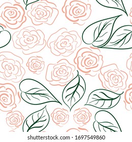 Seamless pattern with pink flowers and green leaves on a white color background. Use for fabric, wrapping paper, wallpaper, print, backdrops, napkins, bags, merchandise, clothing, and artwork.