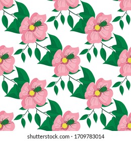 Seamless pattern, pink flowers with green leaves and beetle on a white background, vector illustration
