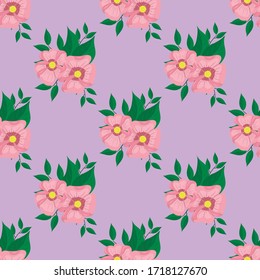 Seamless pattern, pink flowers with green leaves on a purple background, vector illustration