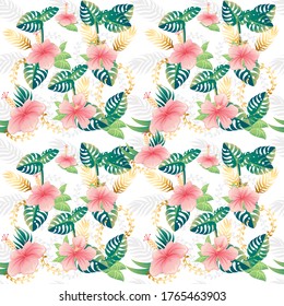 Patrón sin foco con flores rosadas y hojas tropicales verdes. Ilustración vectorial plana sobre fondo verde