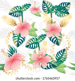 Seamless pattern with pink flowers and green tropical leaves. Flat vector illustration on green background