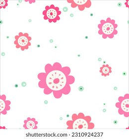 seamless pattern with pink flowers and green dots on white background doodle style