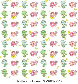 Seamless pattern of a pink flowers and green leaf, on a white background.