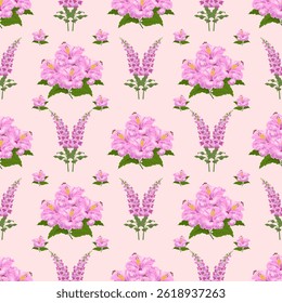 Seamless pattern of pink flowers with green leaves on a soft pastel background, creating a delicate and elegant floral design.
