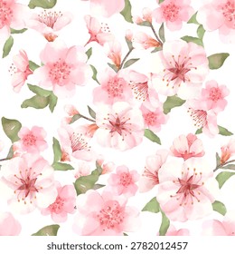 A seamless pattern of pink flowers with green leaves on a white background