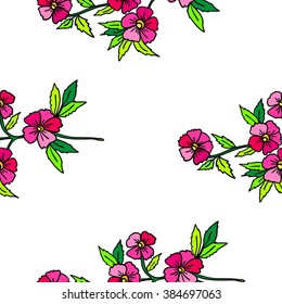 Seamless pattern with pink flowers and green leaves. Vector background.