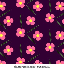 Seamless pattern with pink flowers and green lines