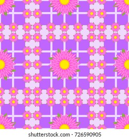 Seamless pattern of pink flowers with green leaves and ribbons on a violet abstract background