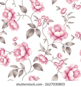 A seamless pattern of pink flowers and grey green leaves. The flowers are various shades of light pink, with a slightly paler, cream-colored center. They are depicted with detailed petals.