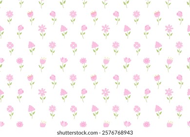 Seamless pattern with pink flowers. Hand drawn texture wild flowers. Nursery decor. Seamless pattern for textile, print for girl baby and woman dress, home decor, floral design, wrapping paper