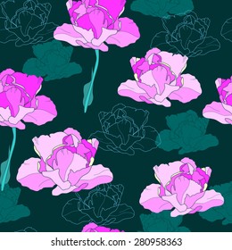 Seamless pattern with pink flowers. Hand drawn floral background. Artwork for textiles, fabrics, souvenirs, packaging and greeting cards.