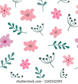 
Seamless pattern with pink flowers and herbs on white background, flat style