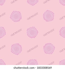 Seamless pattern. Pink flowers with the inscription "Flower". for fabrics or textiles, bedding and packaging. Pastel tone. Vector.