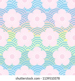 seamless pattern pink flowers japanese cherry blossoms on blue rainbow background. Asian simple ornament, oriental style scales, japanese circle. Can be used for fabrics, wallpapers. Vector