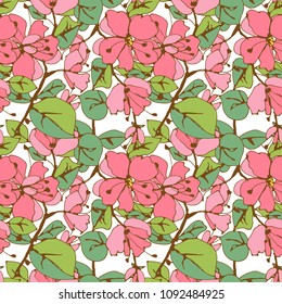 Seamless pattern with pink flowers, leaves. Floral background texture. Fabric design