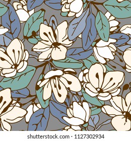 Seamless pattern with pink flowers, leaves. Floral background. Fabric design. Hand drawn