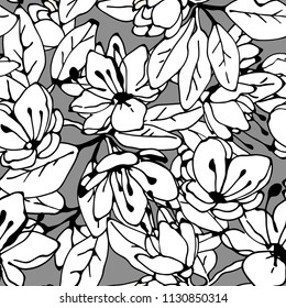Seamless pattern with pink flowers, leaves. Floral background. Fabric design. Hand drawn