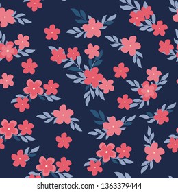 Seamless pattern with pink flowers and leaves on dark background. Vector floral pattern. Floral illustration for wallpaper, card or fabric