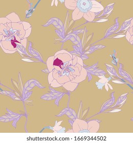 Seamless pattern with pink flowers and leaves of daffodils on beige sage color background. Tropical flowers vector illustration.