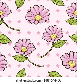 Seamless pattern of pink flowers and leaves. Small pink flower and pink background. This cute illustration design can be used as decoration for both print and digital media as well.