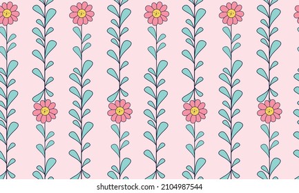 Seamless pattern pink flowers leaves