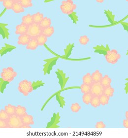 seamless pattern with pink flowers, leaves, buds on blue background