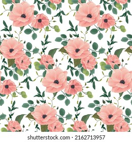 Seamless pattern with pink flowers, leaves, twigs in bouquets on a white background. Romantic floral print with delicate hand drawn plants. Watercolor imitation, vector illustration.