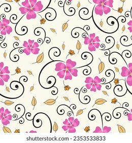Patrón sin foco con flores rosadas y hojas sobre un fondo claro
