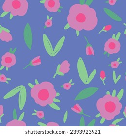 Seamless pattern with pink flowers and leaves on blue background. vector illustration. Texture for fabric, packaging, textiles, wallpaper, clothing.