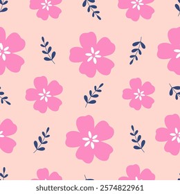 Seamless pattern with pink flowers and leaves. Hand drawn floral pattern for your fabric, summer background, wallpaper, backdrop, textile. Vector illustration