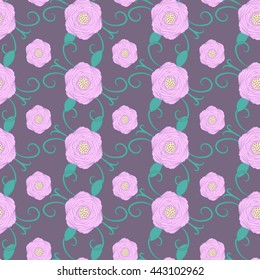 Seamless pattern with pink flowers and leaves on dark lilac background