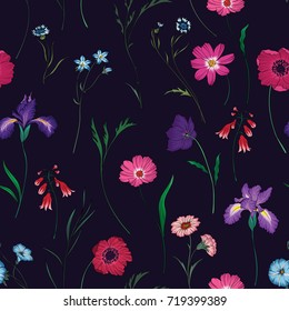 Seamless pattern with pink flowers and leaves on dark background. Vector floral pattern. Floral illustration for wallpaper, card or fabric