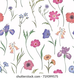 Seamless pattern with pink flowers and leaves on white background. Vector floral pattern. Floral illustration for wallpaper, card or fabric